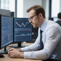 A focused man, engaged in cryptocurrency trading on multiple monitors showing various graphs and statistics in a modern office setting.