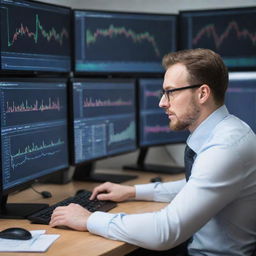 A focused man, engaged in cryptocurrency trading on multiple monitors showing various graphs and statistics in a modern office setting.