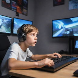 A passionate young gamer boy engrossed in an intense gaming session on his high-end computer, with a headset on and his fingers flying over the keyboard in a room filled with gaming posters.