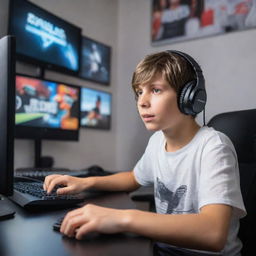 A passionate young gamer boy engrossed in an intense gaming session on his high-end computer, with a headset on and his fingers flying over the keyboard in a room filled with gaming posters.