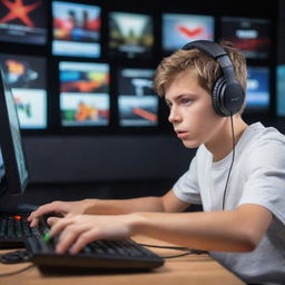 A passionate young gamer boy engrossed in an intense gaming session on his high-end computer, with a headset on and his fingers flying over the keyboard in a room filled with gaming posters.