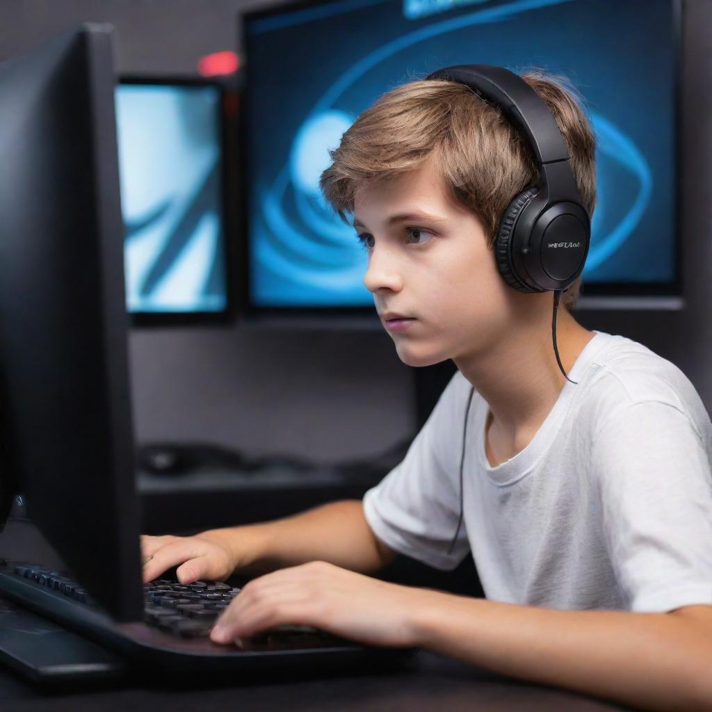 A passionate young gamer boy engrossed in an intense gaming session on his high-end computer, with a headset on and his fingers flying over the keyboard in a room filled with gaming posters.