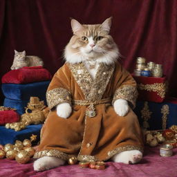 An extravagantly wealthy cat clad in a luxurious velvet robe, surrounded by a mountain of tuna cans, gold coins, and gem-encrusted toys, lounging on a plush royal cushion.