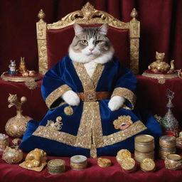 An extravagantly wealthy cat clad in a luxurious velvet robe, surrounded by a mountain of tuna cans, gold coins, and gem-encrusted toys, lounging on a plush royal cushion.