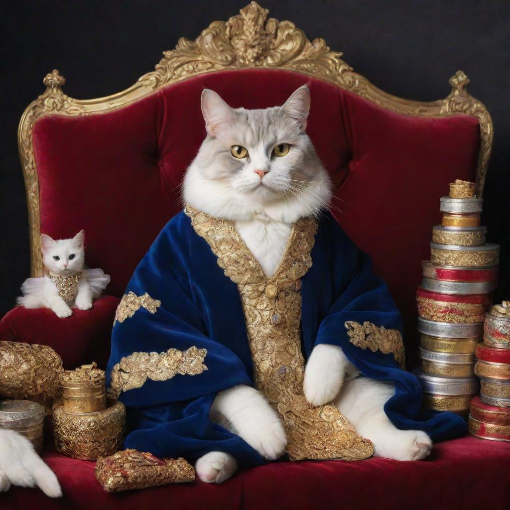 An extravagantly wealthy cat clad in a luxurious velvet robe, surrounded by a mountain of tuna cans, gold coins, and gem-encrusted toys, lounging on a plush royal cushion.