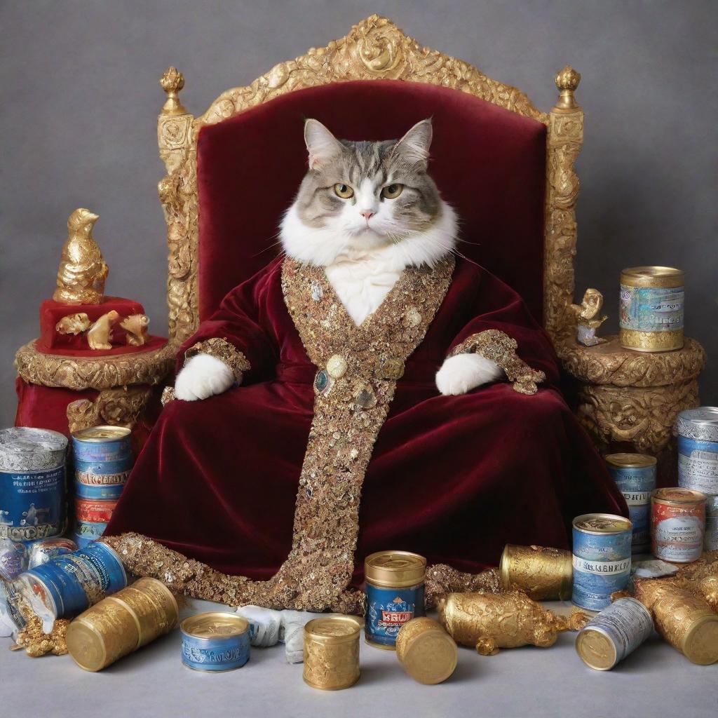 An extravagantly wealthy cat clad in a luxurious velvet robe, surrounded by a mountain of tuna cans, gold coins, and gem-encrusted toys, lounging on a plush royal cushion.