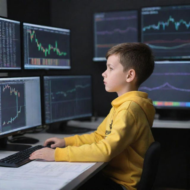 A young boy engrossed in trading on Binance. He is surrounded by multiple monitors displaying the Binance platform, stock charts, and graphs.