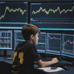 A young boy engrossed in trading on Binance. He is surrounded by multiple monitors displaying the Binance platform, stock charts, and graphs.