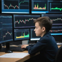 A young boy engrossed in trading on Binance. He is surrounded by multiple monitors displaying the Binance platform, stock charts, and graphs.