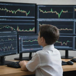 A young boy engrossed in trading on Binance. He is surrounded by multiple monitors displaying the Binance platform, stock charts, and graphs.