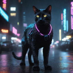 A sleek and mysterious cyberpunk cat, with glowing neon eyes and futuristic digital components integrated into its fur. It gracefully prowls the rain-slicked neon-lit streets of a high-tech dystopian city.