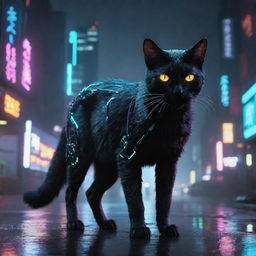 A sleek and mysterious cyberpunk cat, with glowing neon eyes and futuristic digital components integrated into its fur. It gracefully prowls the rain-slicked neon-lit streets of a high-tech dystopian city.