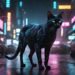 A sleek and mysterious cyberpunk cat, with glowing neon eyes and futuristic digital components integrated into its fur. It gracefully prowls the rain-slicked neon-lit streets of a high-tech dystopian city.