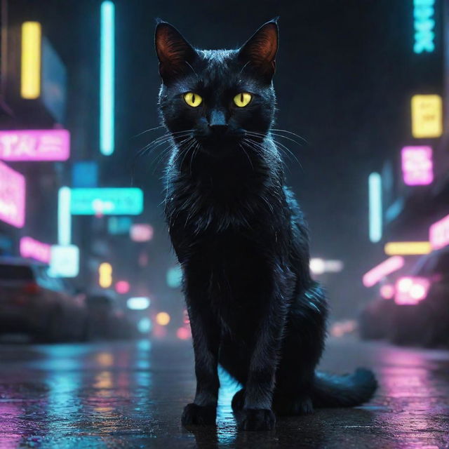 A sleek and mysterious cyberpunk cat, with glowing neon eyes and futuristic digital components integrated into its fur. It gracefully prowls the rain-slicked neon-lit streets of a high-tech dystopian city.