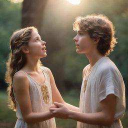 A young boy in awe, reverently treating his girlfriend as if she's a goddess from ancient mythology, bathed in ethereal light