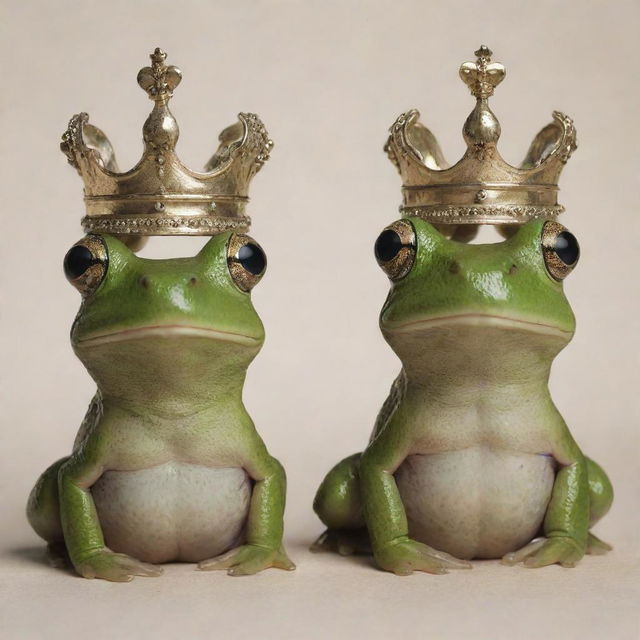 Half-visible heads with frog-themed crowns perched atop them.