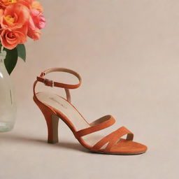 An elegant sandal placed on a backdrop that radiates beauty. Use a mix of bright and earthy colors for contrast.