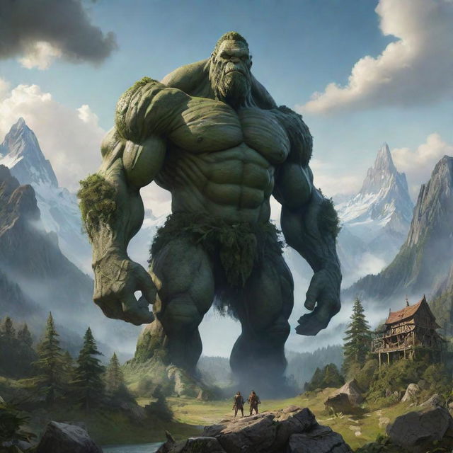 A powerful and imposing fantasy giant towering over a lush, fantastical landscape, with details showcasing its enormous size compared to the surrounding trees, mountains, and buildings.