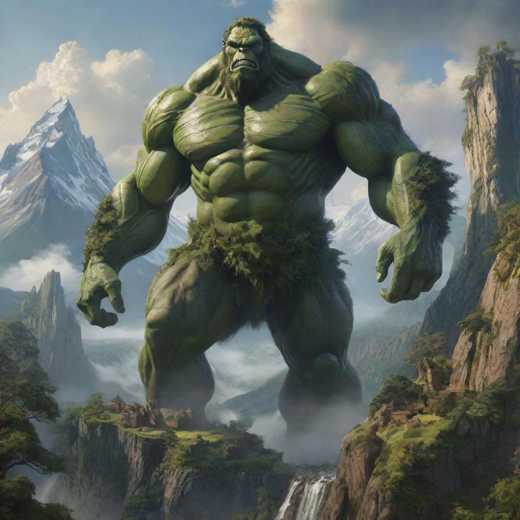 A powerful and imposing fantasy giant towering over a lush, fantastical landscape, with details showcasing its enormous size compared to the surrounding trees, mountains, and buildings.