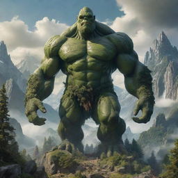 A powerful and imposing fantasy giant towering over a lush, fantastical landscape, with details showcasing its enormous size compared to the surrounding trees, mountains, and buildings.