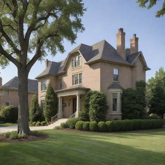 A truly enormous house towering over a typical suburban neighborhood, with a scale that overshadows the surrounding homes and trees, leaving them dwarfed by its immense size.