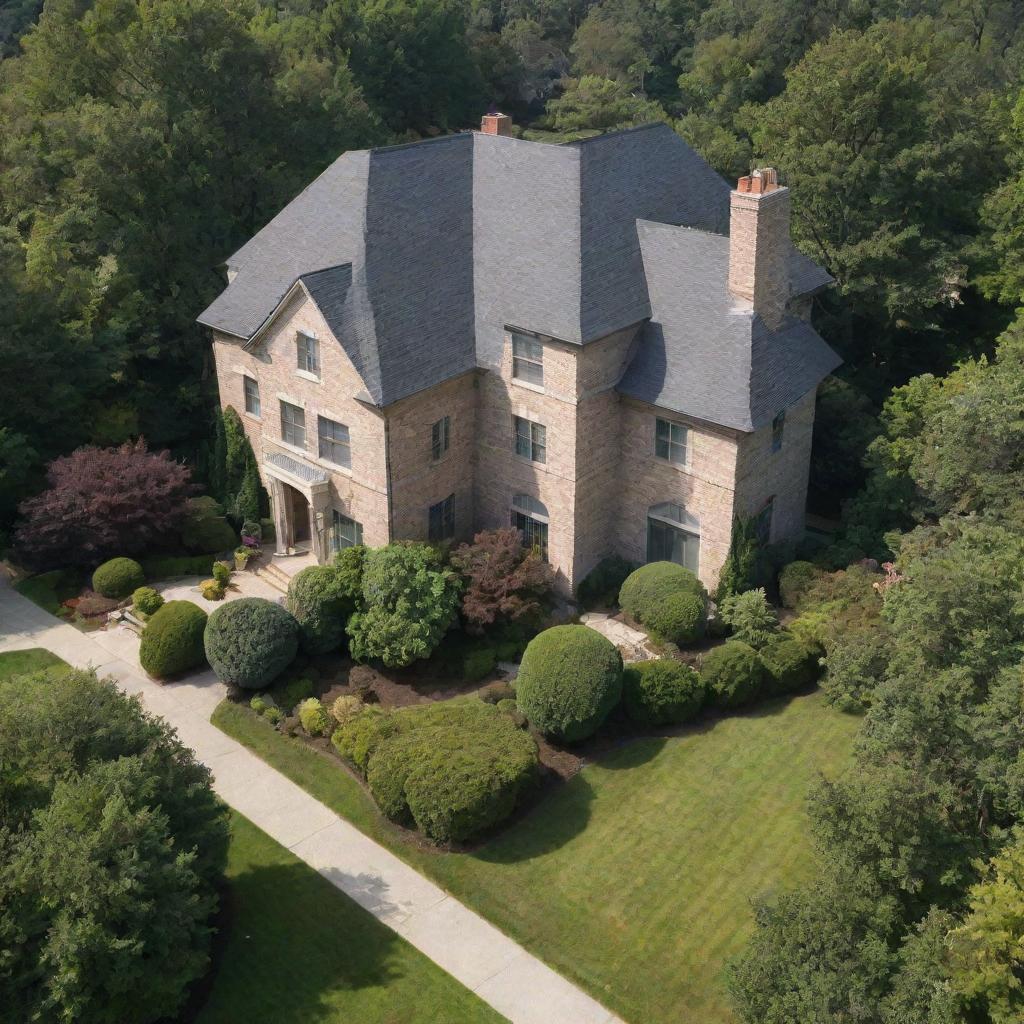 A truly enormous house towering over a typical suburban neighborhood, with a scale that overshadows the surrounding homes and trees, leaving them dwarfed by its immense size.