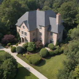 A truly enormous house towering over a typical suburban neighborhood, with a scale that overshadows the surrounding homes and trees, leaving them dwarfed by its immense size.