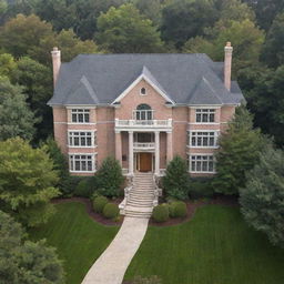 A truly enormous house towering over a typical suburban neighborhood, with a scale that overshadows the surrounding homes and trees, leaving them dwarfed by its immense size.