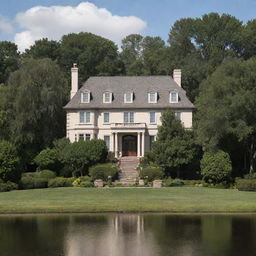 A truly enormous house towering over a typical suburban neighborhood, with a scale that overshadows the surrounding homes and trees, leaving them dwarfed by its immense size.