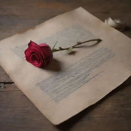 A beautifully detailed quill poetically poised above an ink pot on weathered vintage paper. Complimented by a single rose, the scene is reminiscent of classic romance.