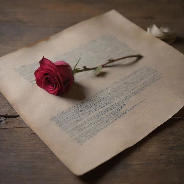 A beautifully detailed quill poetically poised above an ink pot on weathered vintage paper. Complimented by a single rose, the scene is reminiscent of classic romance.