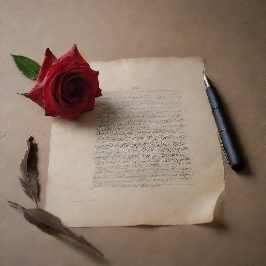 A beautifully detailed quill poetically poised above an ink pot on weathered vintage paper. Complimented by a single rose, the scene is reminiscent of classic romance.