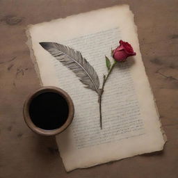 A beautifully detailed quill poetically poised above an ink pot on weathered vintage paper. Complimented by a single rose, the scene is reminiscent of classic romance.