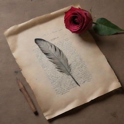 A beautifully detailed quill poetically poised above an ink pot on weathered vintage paper. Complimented by a single rose, the scene is reminiscent of classic romance.