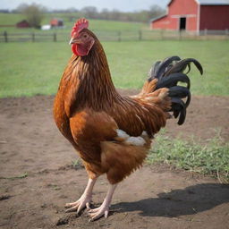 A realistic, detailed depiction of a chicken in a vibrant, open farm setting