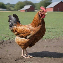 A realistic, detailed depiction of a chicken in a vibrant, open farm setting