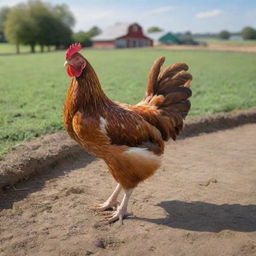 A realistic, detailed depiction of a chicken in a vibrant, open farm setting