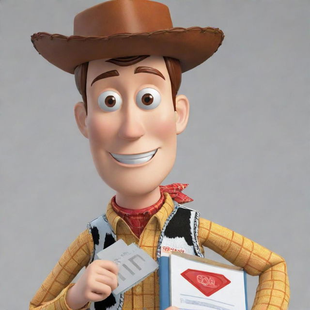 An illustration of the character Woody from Toy Story, holding an IELTS speaking icon in a confident and inviting manner.