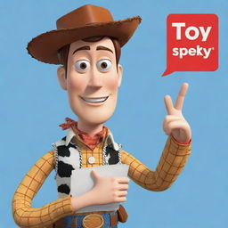 An illustration of the character Woody from Toy Story, holding an IELTS speaking icon in a confident and inviting manner.