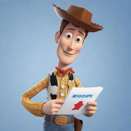 An illustration of the character Woody from Toy Story, holding an IELTS speaking icon in a confident and inviting manner.