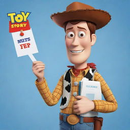 An illustration of the character Woody from Toy Story, holding an IELTS speaking icon in a confident and inviting manner.