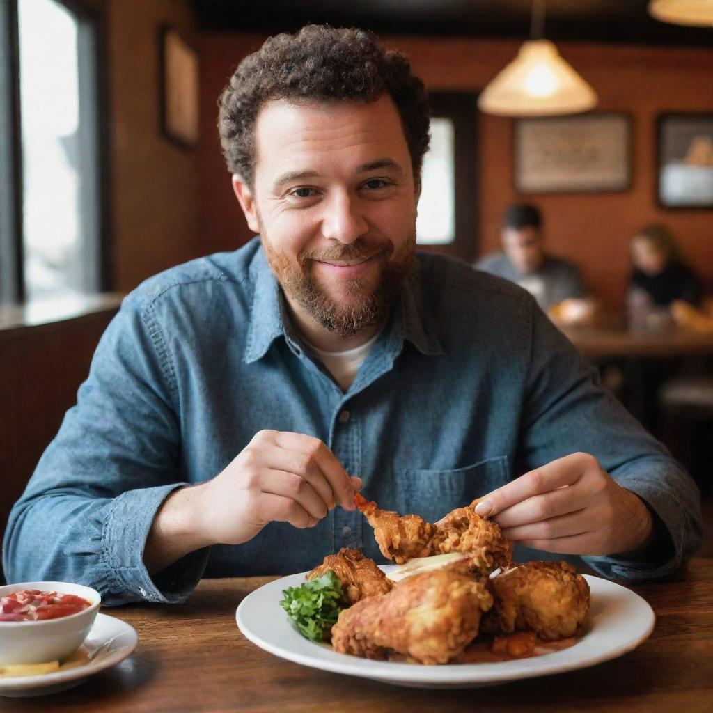 A man enjoying a plate of crispy fried chicken in a cozy restaurant setting