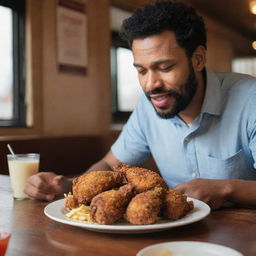 A man enjoying a plate of crispy fried chicken in a cozy restaurant setting