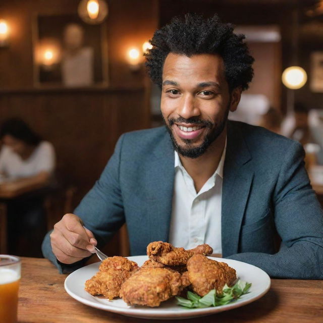 A man enjoying a plate of crispy fried chicken in a cozy restaurant setting