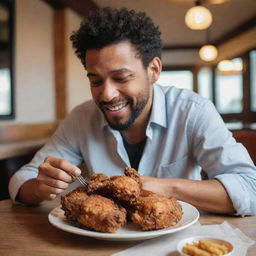 A man enjoying a plate of crispy fried chicken in a cozy restaurant setting