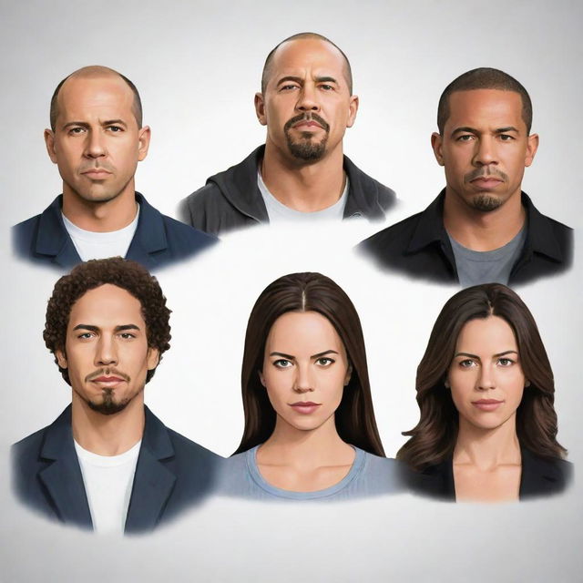 An illustration showcasing the main characters from the movie, 'Fast and Furious', grouped round an IELTS speaking icon, evoking a sense of discussion and conversation.