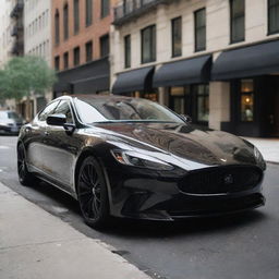 A sleek, shiny black luxury car with a detailed, elegant design on a vibrant city street.