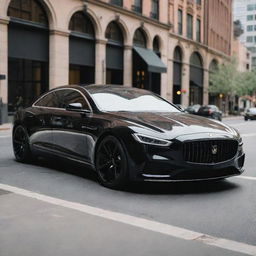 A sleek, shiny black luxury car with a detailed, elegant design on a vibrant city street.