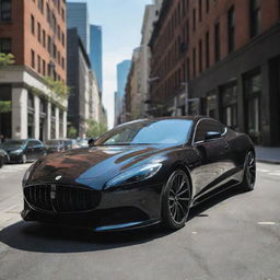 A sleek, shiny black luxury car with a detailed, elegant design on a vibrant city street.