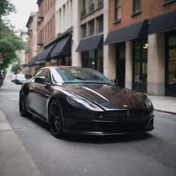 A sleek, shiny black luxury car with a detailed, elegant design on a vibrant city street.